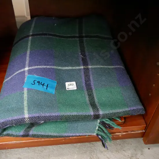blue and green checked travel rug