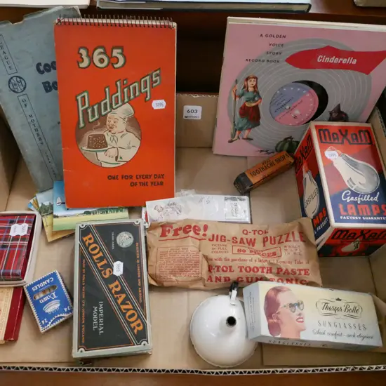 box; cookbooks, Cinderella record, Rolls razor etc