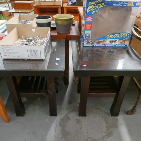 pair of solid dark stained glass top end tables