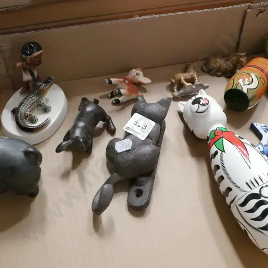 box; brass owl, cat figurines etc