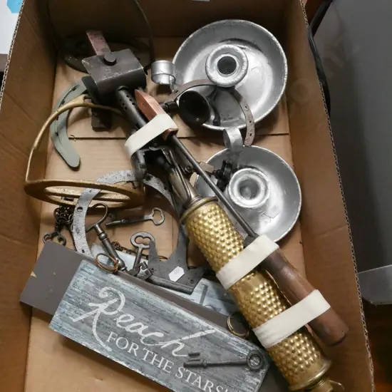 box; large brass blow torch, horse stirrups etc