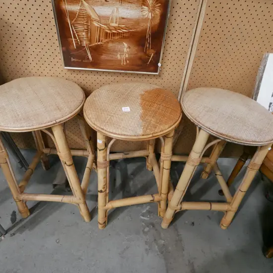 3x bamboo and woven cane stools - 1 has staining