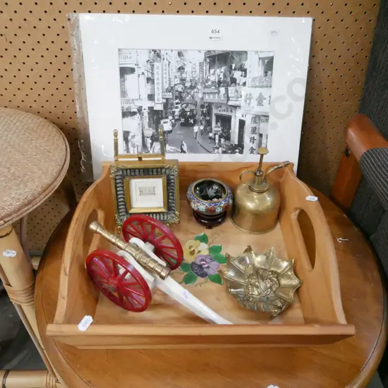 unframed photo print, wooden tray, atomiser etc