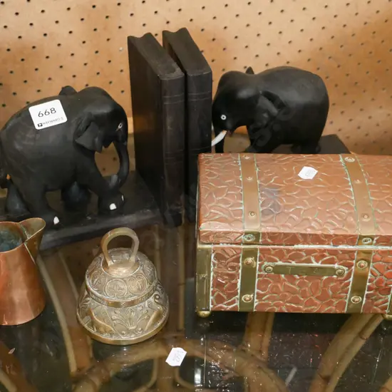 ebonised elephant bookends - damage, small chest, jug, bell