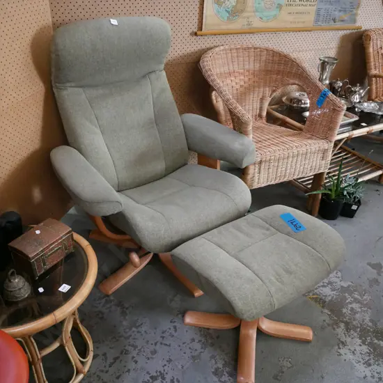 green Norwegian IMG swivel reclining armchair with matching footstool