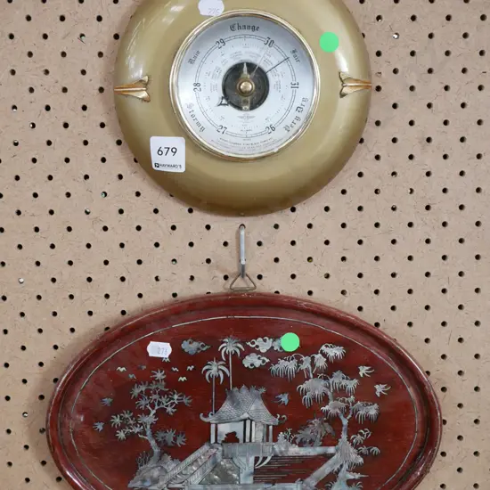 retro barometer, mother of pearl inlay tray - green dots