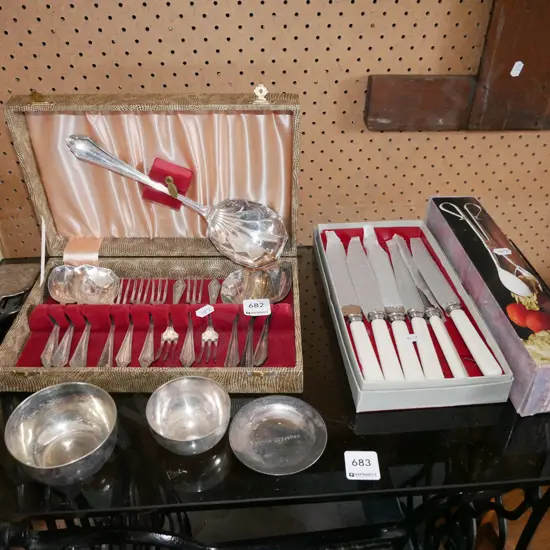 cased salad servers, bone handled knives, cutlery etc