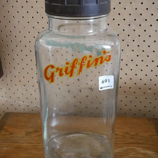 vintage glass and bakelite Griffins Biscuit canister H-320