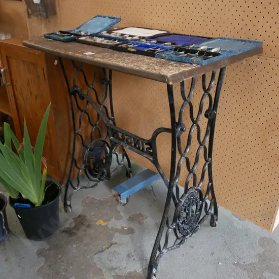 hall table made from Singer treadle base - chip board top