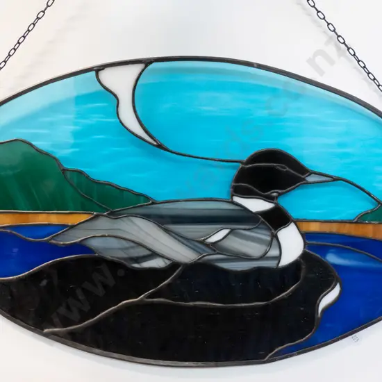 leadlight stained glass hanging oval panel of a loon H-300 W-510