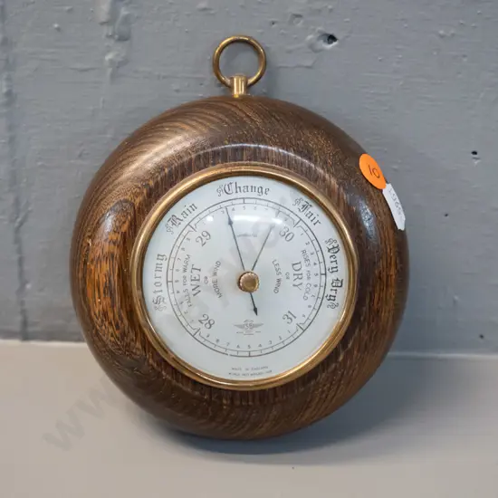 small "SB" Shortland Smiths England pocket-watch-shaped oak wall barometer D-120