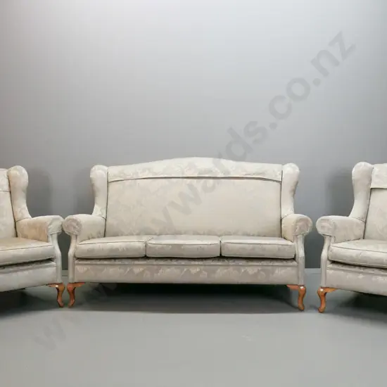 vintage rolled arm lounge suite - 3-seat settee and 2 armchairs, with squat timber cab legs, loose seat