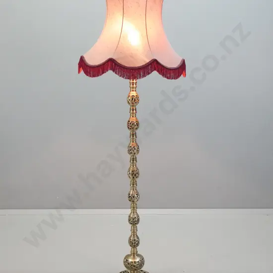ornate pierced cast brass finish standard lamp with tasselled fabric shade - some pitting to metal surface H-1750
