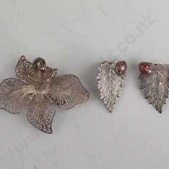 silver leaf earrings stamped sterling silver & filagree brooch