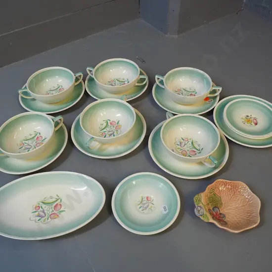 mid-century Susie Cooper china - 6 soup bowls with saucers, spare saucer and 3 demi-tasse saucers, a gravy jug saucer