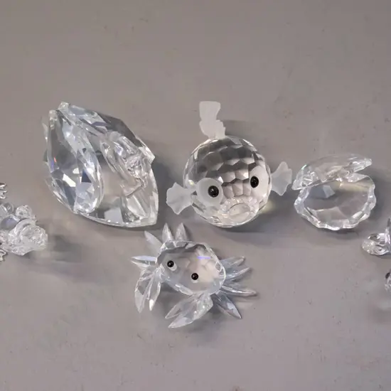6 small Swarovski crystal ornaments - swan H-45 L-55, turtle, crab, fish, alligator, clam