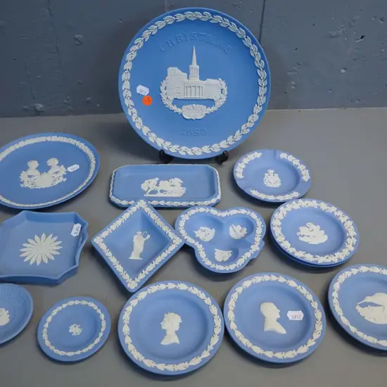 assorted Wedgwood light blue jasperware - Christmas plate D-210, 1986 royal birth plate, pin dishes and ash tray