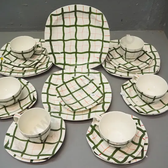 retro Stylecraft by Midwinter tableware - 6 large plates, 6 trios and a spare side saucer - some crazing and stains