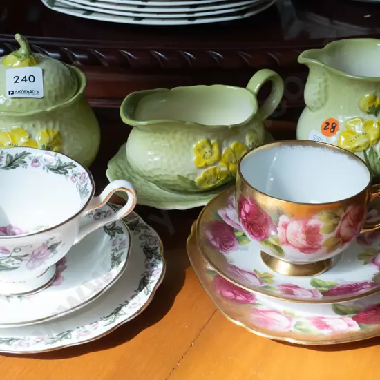 retro Carlton Ware lidded sugar, cream juf, gravy jug & saucer, and 2 Royal Albert trios