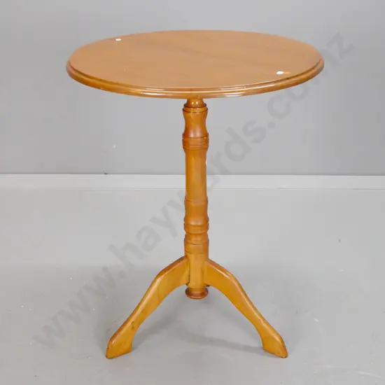 vintage rimu wine table with 3-leg turned stem pedestal base - split top repaired with added support, leg has had repair