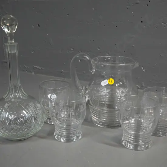 cut crystal items - 5-piece water set and a stoppered decanter H-280