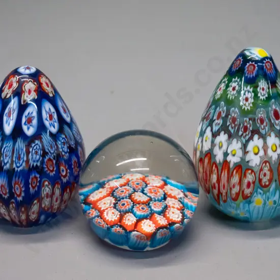 3 art glass millefiore style paperweights - taller is H-95