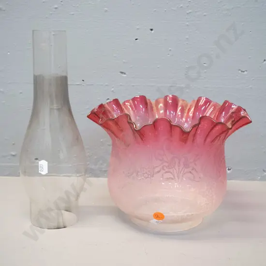 vintage kerosene lamp shade - etched cranberry and clear  H-160 D-210 with a clear chimney