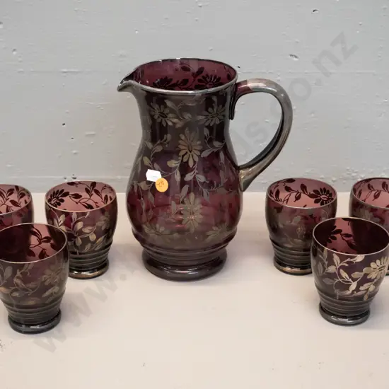 vintage claret coloured glass water set with gilt floral decoration - jug H-215 W-180 and 6 glasses