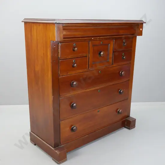 colonial kauri and cedar 7-drawer Scotch chest with shaped top drawer, turned timber knobs, brass escutcheons, no key -