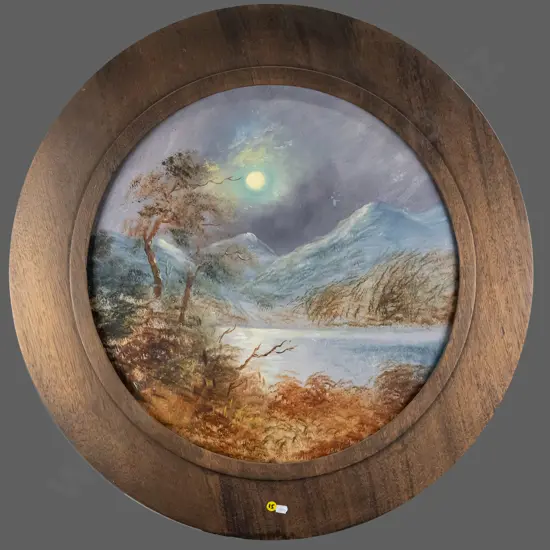 circular oak framed oil - moonlit lake  Overall Diam - 750