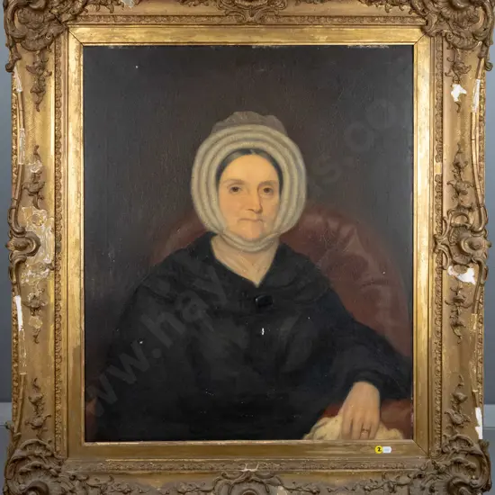 large gilt framed unsigned oil on canvas - female portrait (damage to frame and aging to painting) H-770 W-600