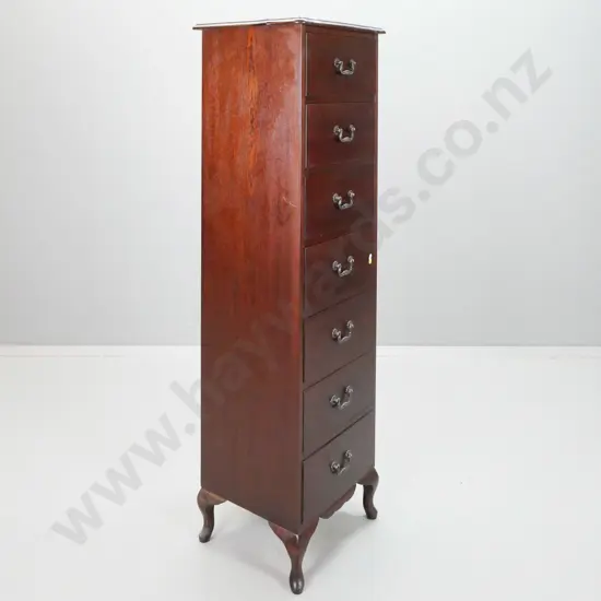 reproduction mahogany veneer 7-drawer tallboy on short cab legs, with swan neck drop handles H-1510 W-445 D-395