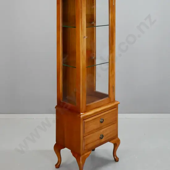 reproduction cab leg mahogany display cabinet with glazed sides, 2 lower drawers with ring drop handles, 2 adjustable