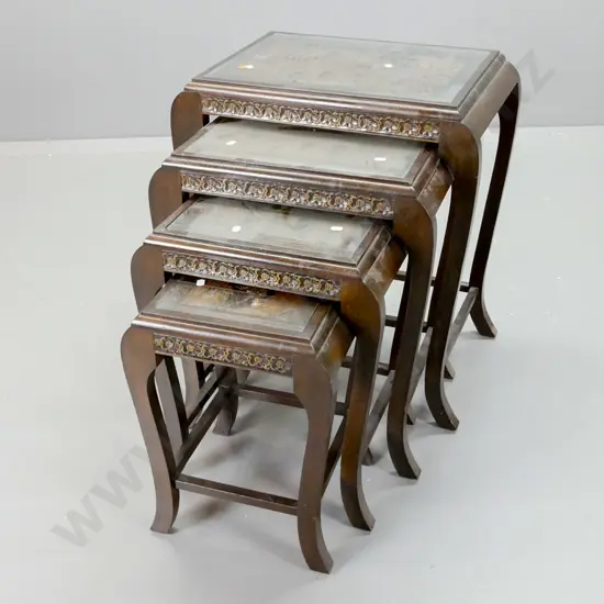 set of 4 Asian mixed timber nesting tables with inset carved tops under glass inserts - 2 have splits through joins on,