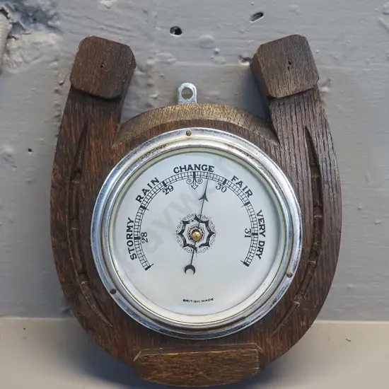 deco oak cased horseshoe-shaped English wall barometer H-180 W-160