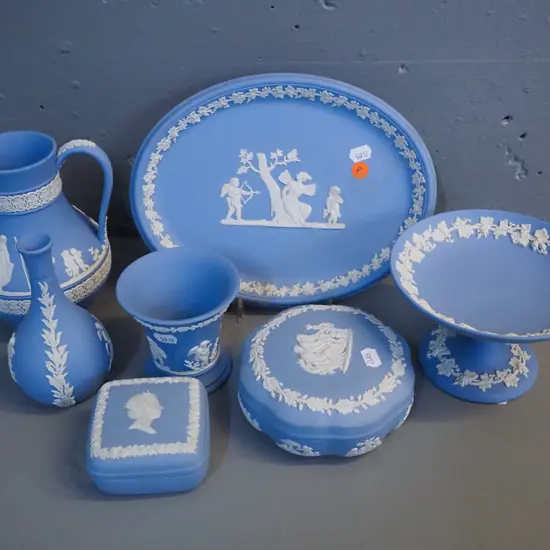 assorted Wedgwood light blue jasperware - small ashett L-250 W-200, comport dish, large jug, 2 vases, 2 lidded trinkets