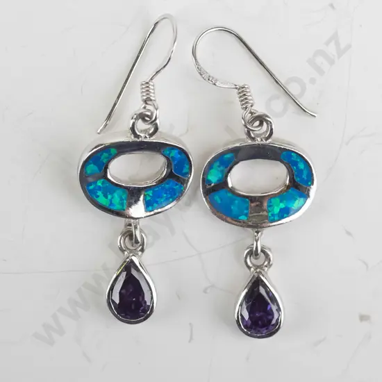 pair of silver opal & amethyst earrings stamped 925