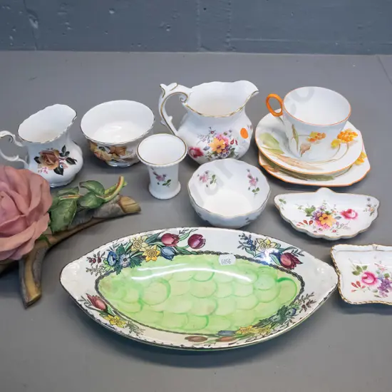 assorted English bone china and porcelain including Shelley trio, 5 pieces Derby Posies, Royal Albert cream & sugar, RHS