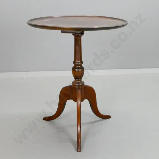 vintage beech circular dished-top wine table with 3-leg turned stem pedestal base - top is loose H-595 D-495