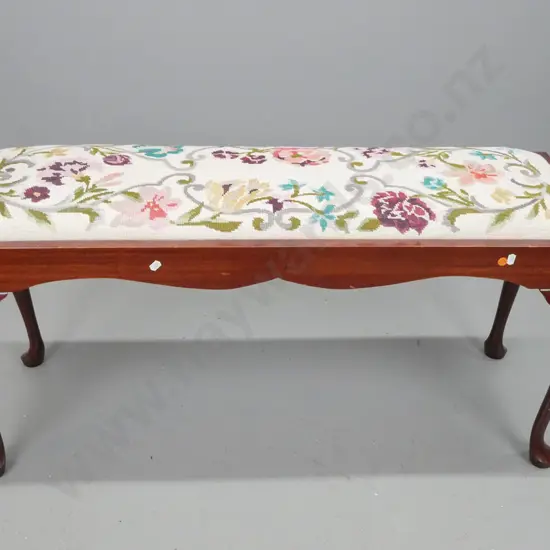 vintage cab-leg duet piano stool / bench with tapestry upholstered seat - H-470 W-1020 D-380