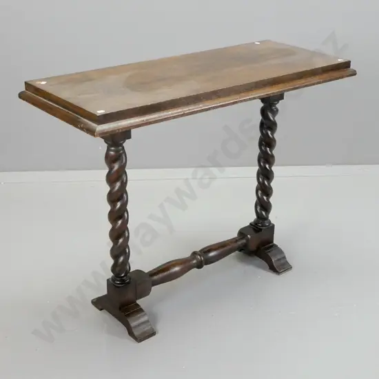 vintage oak side table with Jacobean twist legs, turned refectory base - some wear and staining to polish, small chip to