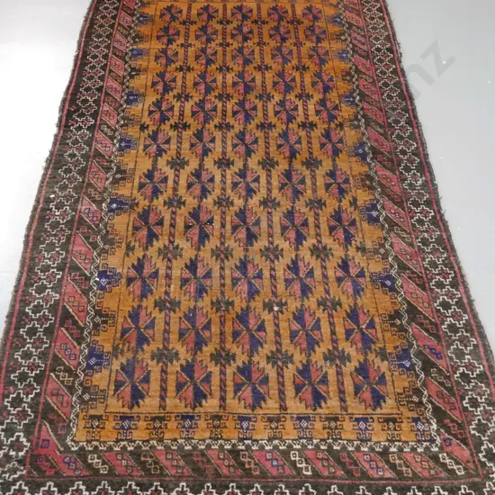 hand-knotted Persian style wool floor rug - saffron, reds, blues - fading and some stains, fringe gone L2190 W1200