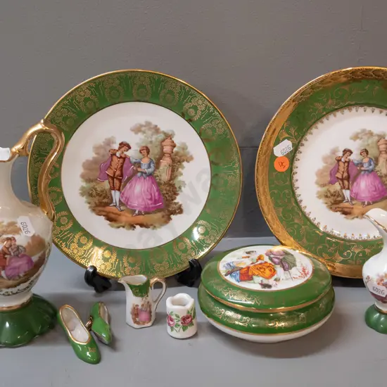 assorted green Limoges china - 2 plates, lidded trinket, 2 shoes, etc. - jug is H-180