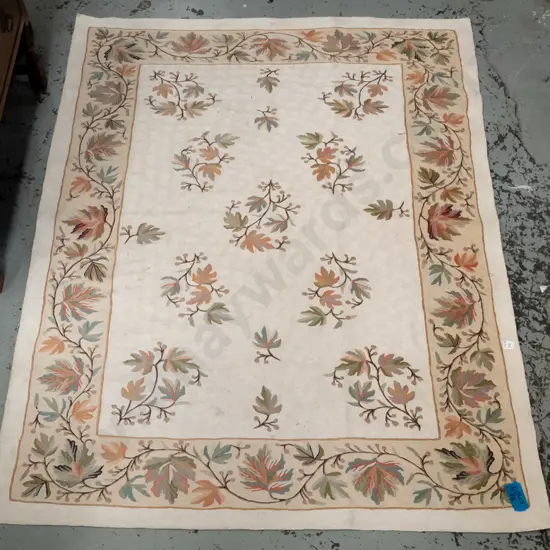 Indian hand stitched worsted wool Kashmir style floor rug - autumn foliage motifs in ivory light green, pink L1830 W1270