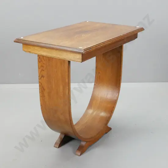 vintage art deco oak hoop-base side table with solid timber bent base - some staining to polish on top H-775 L-790 W-480