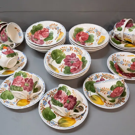 assorted Belle Fiore dinnerware - 11 cups and saucers, 10 coupes, most Simpsons, some cups are Solian Ware