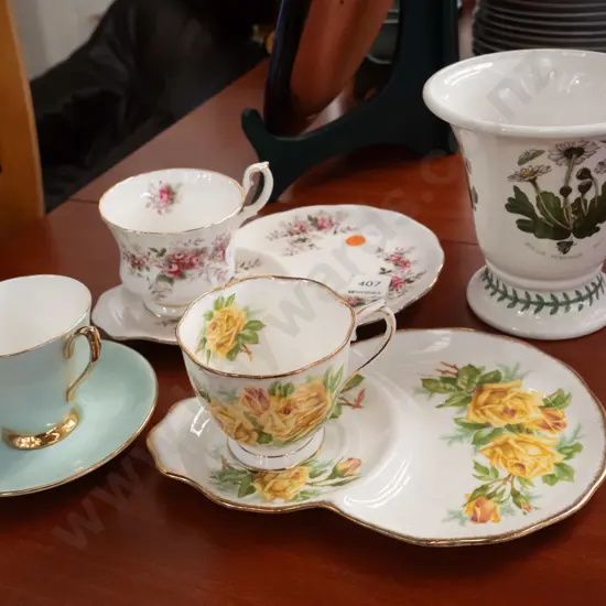 Portmeirion botanical vase, 2x Royal Albert tennis sets, blue and gold rimmed cup and saucer