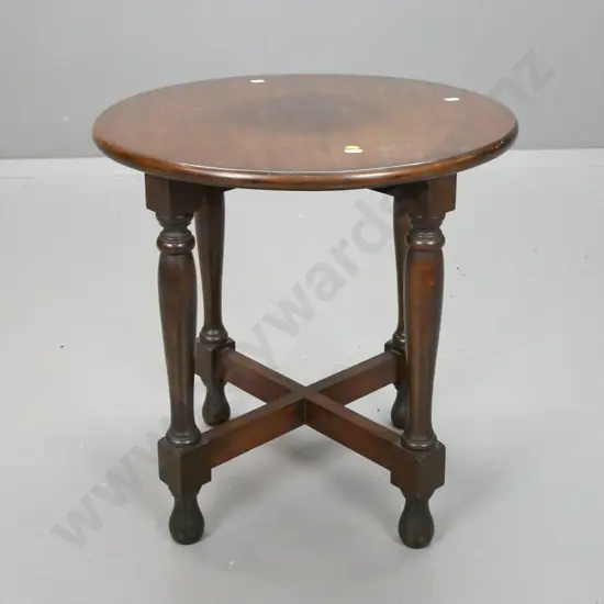vintage beech circular side table with turned legs, x-frame base. Uneven finish on top H-480 D-490