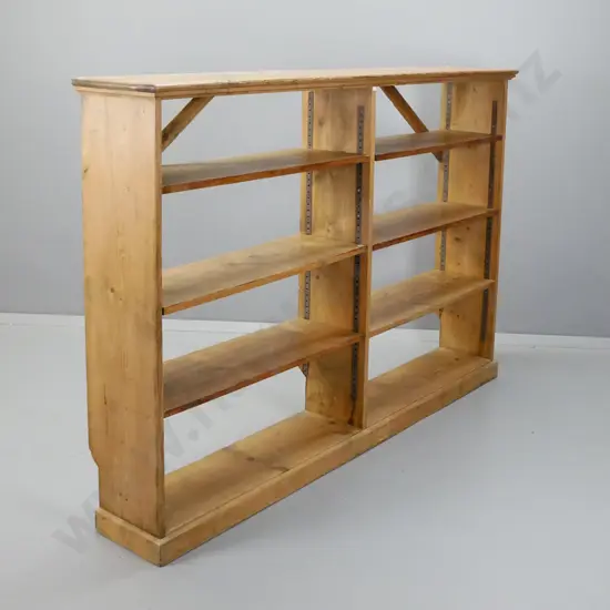 vintage Baltic pine open backed shelving unit with 6 adjustable shelves, 3 each side, with metal strip shelf support. On