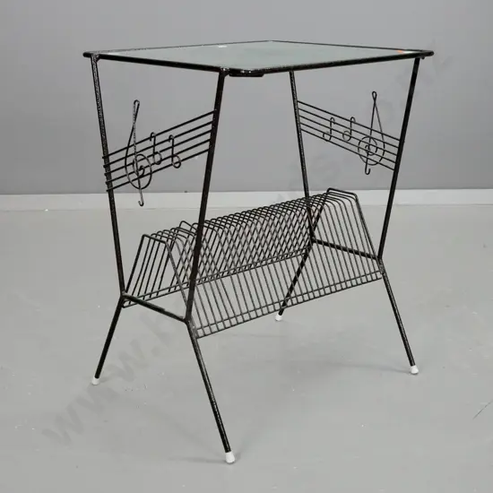 retro glass topped end table with record holder and musical mote side motifs; black and bronze stippled finish, textured